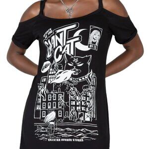 KILLSTAR Attack of the Giant Cat Black Long Cold Shoulder T-Shirt Top sz XL